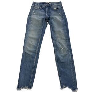 Zara Jeans Womens 2 Blue Distressed Raw Hem Skinny Mid‎ Rise Vintage Wash Denim